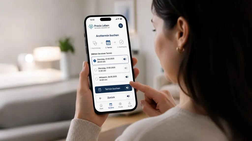 Patientin bucht per Smartphone einen Arzttermin über eine barrierefreie Praxis-Website
