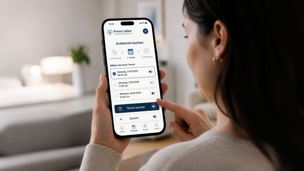 Patientin bucht per Smartphone einen Arzttermin über eine barrierefreie Praxis-Website